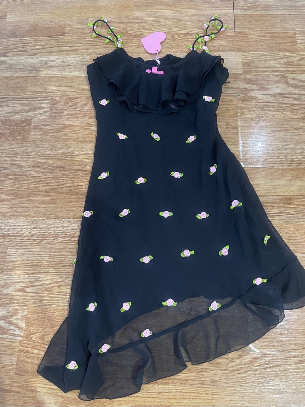 DollSkill- Women Black Floral Embroidered Ruffle Dress